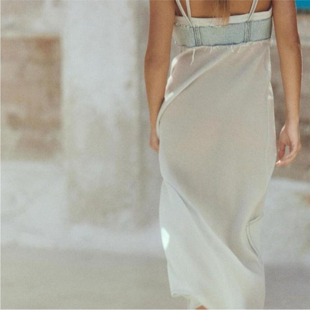 ZARA Blue Denim Contrasting Midi Dress Semi Sheer Slit Cover Up Size Large - Picture 6 of 9